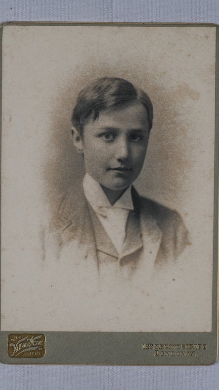 Studio portrait, bust length, of the young Ralph Vaughan Williams in a white tie and Eton collar.